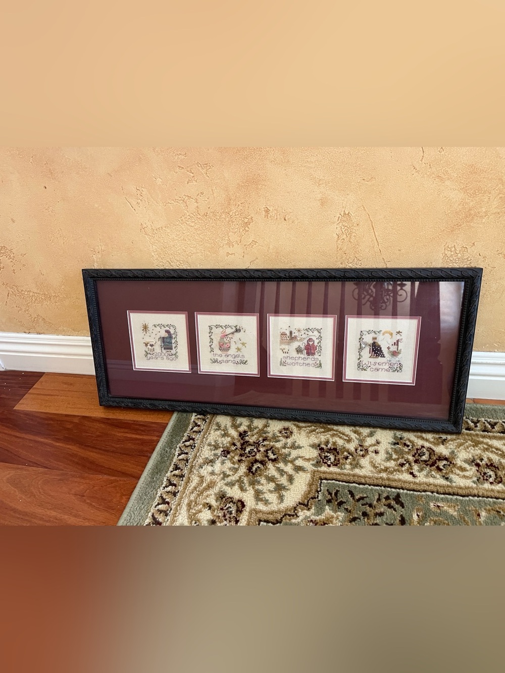 Hand-stitched Christmas Framed Burgundy Four-Panel Cross Stitch Art